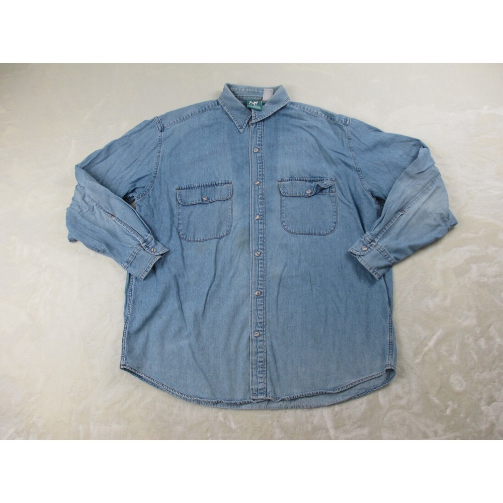 VINTAGE Big Dogs‎ Shirt Mens Large Blue Pearl Snap Long Sleeve 90s *